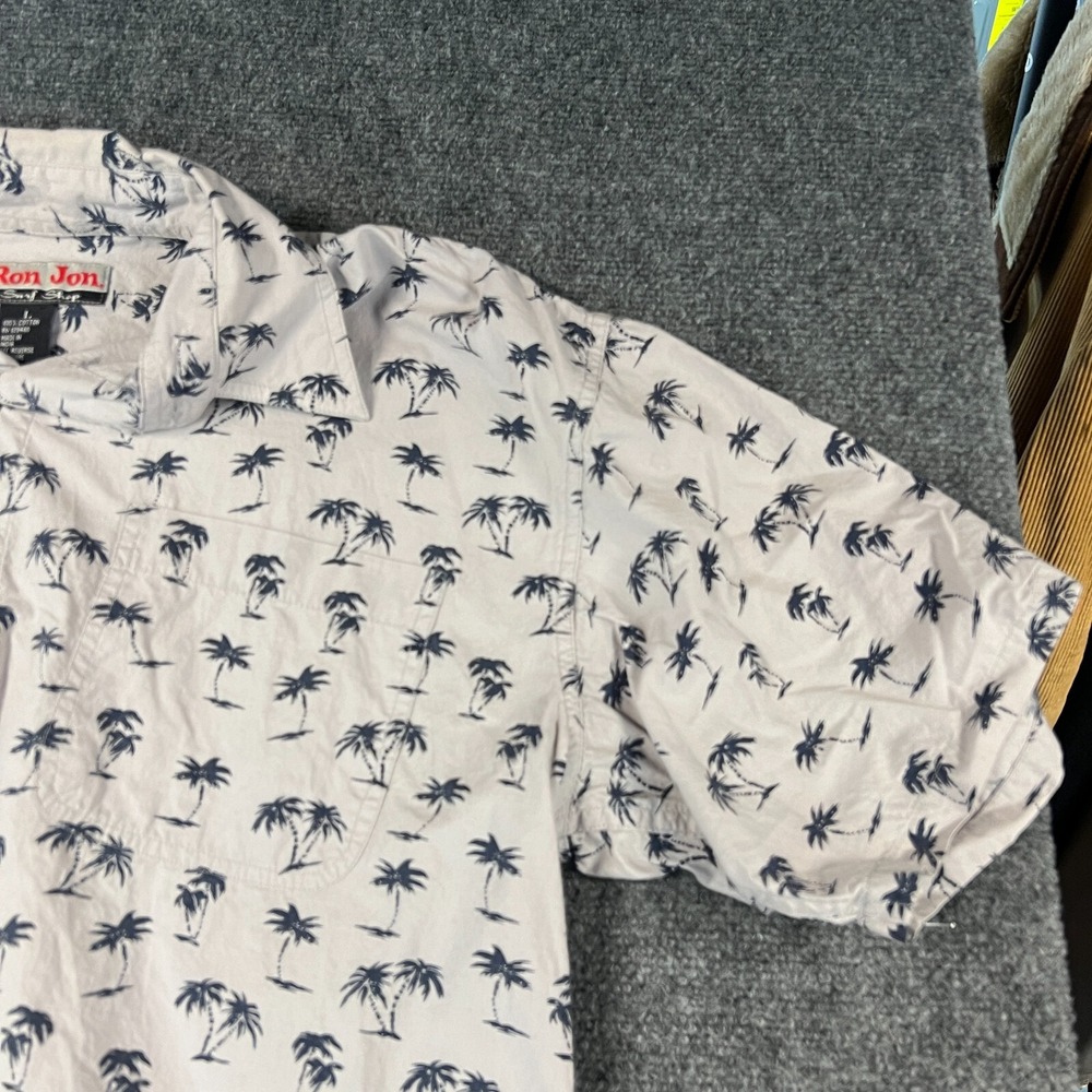 Ron John Shirt Mens Large Button Up Hawaiian Gray Short Sleeve Beach Travel EUC - Picture 3 of 6